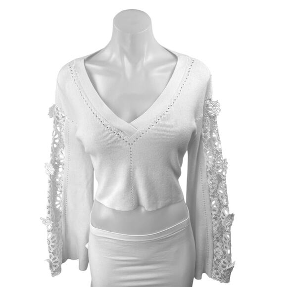 French Connection Leona Pointelle White Crochet Knit Crop Sweater Top Size XS - Picture 6 of 12